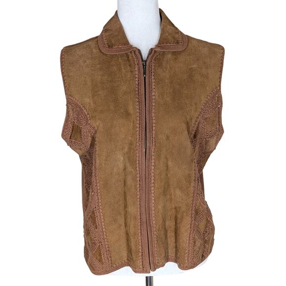 Women's Tan Suede Leather Crochet Sweater Vest Size Large Western Boho Hippie - Picture 2 of 11